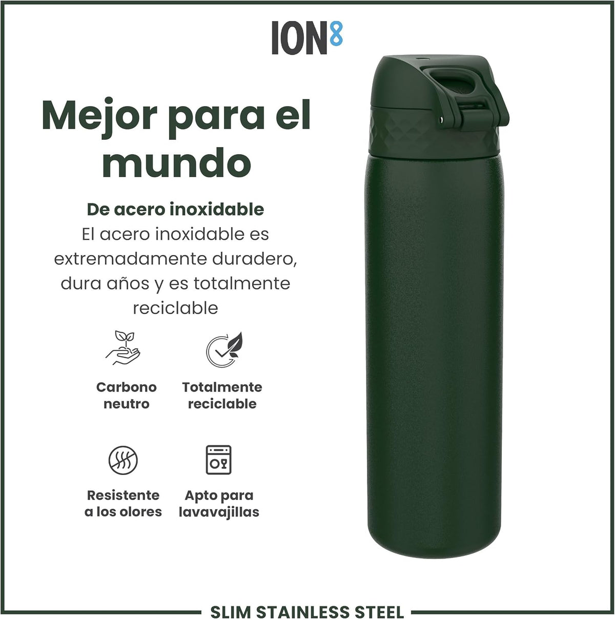 Ion8 Botella De Agua, Acero Ligera, 600Ml/20Oz, Verde Oscuro