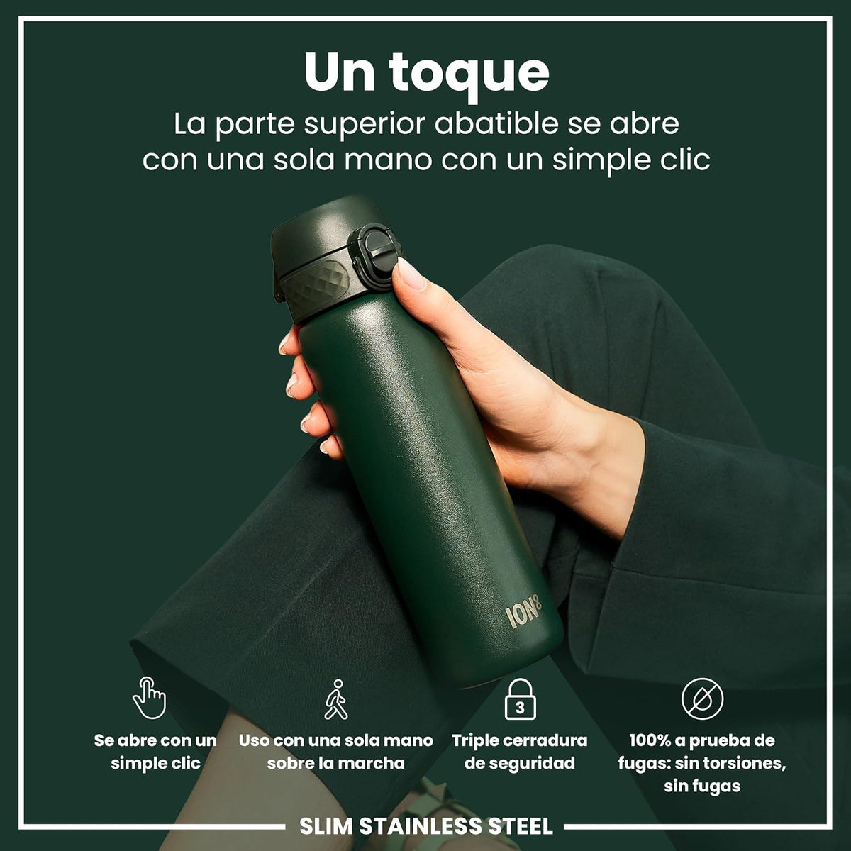 Ion8 Botella De Agua, Acero Ligera, 600Ml/20Oz, Verde Oscuro