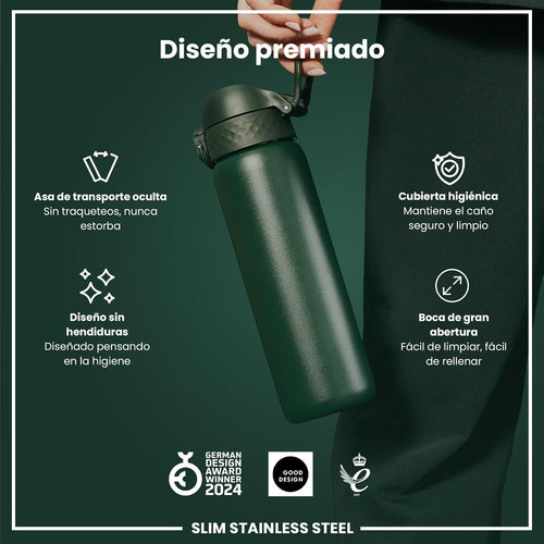 Ion8 Botella De Agua, Acero Ligera, 600Ml/20Oz, Verde Oscuro