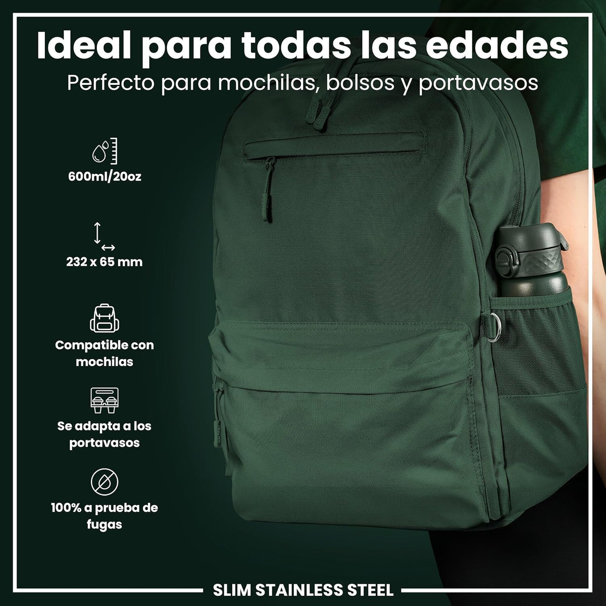 Ion8 Botella De Agua, Acero Ligera, 600Ml/20Oz, Verde Oscuro