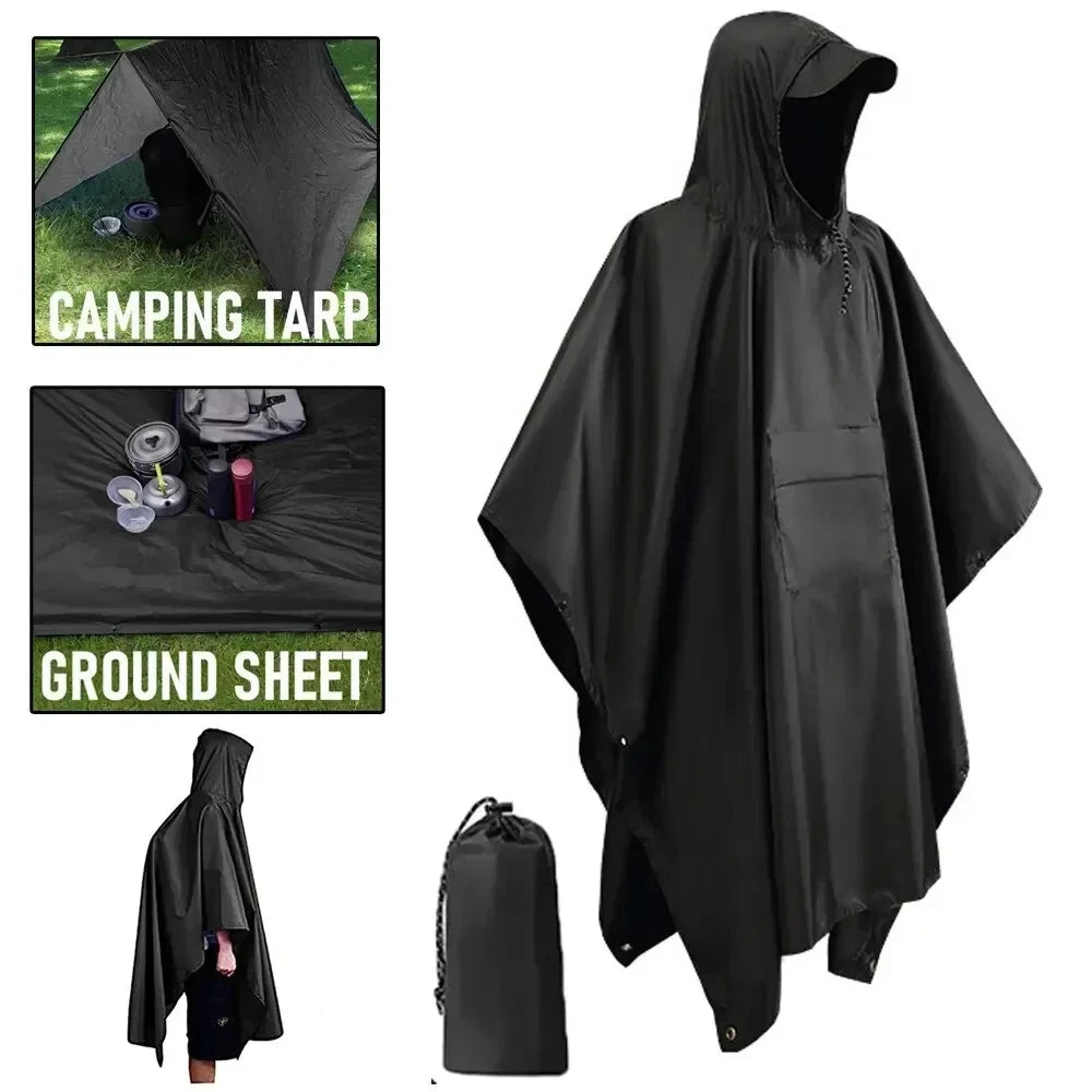 3 in 1 Outdoor Military Raincoat Hooded Sleeve Waterproof Rain Poncho Motorcycle Rain Cover Camping Hiking Travel Rainwear Tent