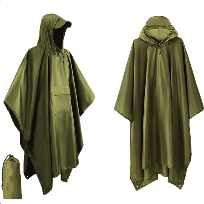3 in 1 Outdoor Military Raincoat Hooded Sleeve Waterproof Rain Poncho Motorcycle Rain Cover Camping Hiking Travel Rainwear Tent