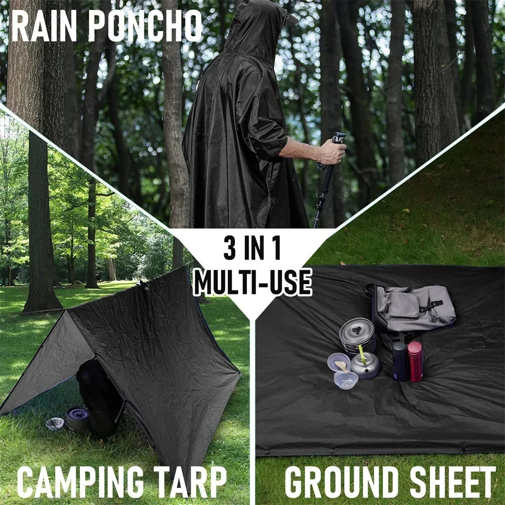 3 in 1 Outdoor Military Raincoat Hooded Sleeve Waterproof Rain Poncho Motorcycle Rain Cover Camping Hiking Travel Rainwear Tent